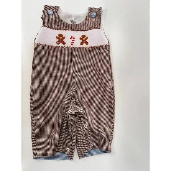 Tricia Holiday Smocked Gingerbread Men Candy Cane Overalls Brown Gingham 3 Month - Picture 5 of 13